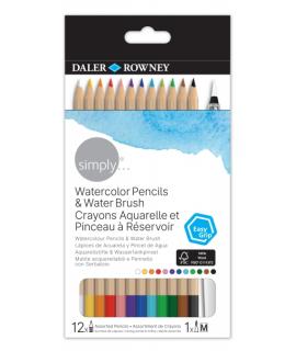 Daler Rowney Simply Pack de 12 Lapices Colores Acuarelables - Incluye Pincel Rellenable - Colores Surtidos