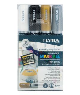 Lyra Mark All Pack de 4 Rotuladores Permanentes - Multisuperficie - Punta Redonda - 2mm - Colores Blanco, Oro y Plata