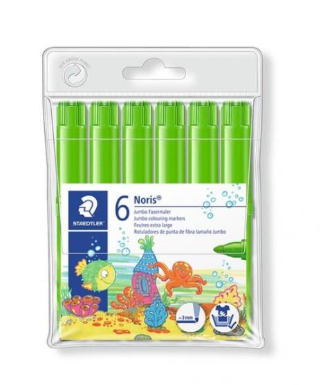 Staedtler Noris Jumbo 340 Pack de 6 Rotuladores Jumbo - Punta de Fibra - Trazo 3mm - Tapa Ventilada - Color Verde Claro