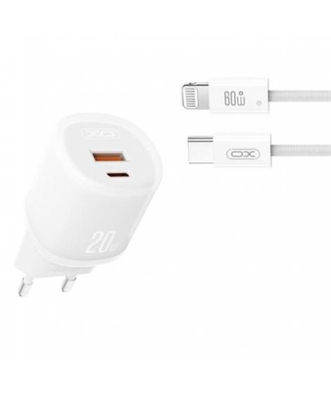 XO L144 Cargador de Corriente 20W - USB-A y USB-C - PD 3.0 - Incluye Cable USB-C a Lightning - Color Blanco