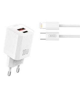 XO L149 Cargador de Corriente 30W - USB-A y USB-C - Alto Rendimiento - Incluye Cable USB-C a Lightning - Color Blanco