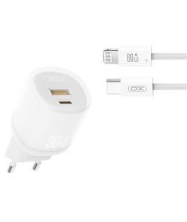 XO L151 Cargador de Corriente 30W - USB-A y USB-C - GaN - Incluye Cable USB-C a Lightning - Color Blanco