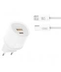 XO L151 Cargador de Corriente 30W - USB-A y USB-C - GaN - Incluye Cable USB-C a Lightning - Color Blanco