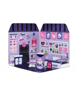 Comansi Sticker House Kuromi Ramen Shop - Incluye Figura - Stickers Lavables - Escenario Adorable - Juego Creativo