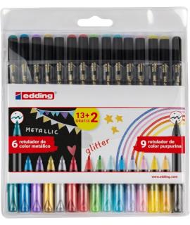 Edding 1200 Metallic and Glitter Pack de 15 Rotuladores - Punta Redonda - Trazo Metallic 1-3mm, Glitter 3mm - Tinta con Base de 