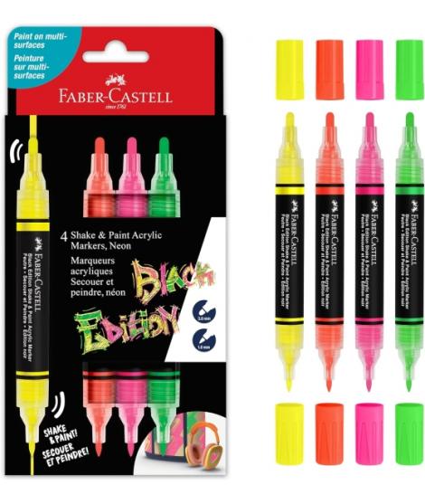 Faber-Castell Shake & Paint Black Edition Pack de 4 Rotuladores Acrilicos Doble Punta - Puntas Redondas de 1mm y 3mm - Tinta Acr