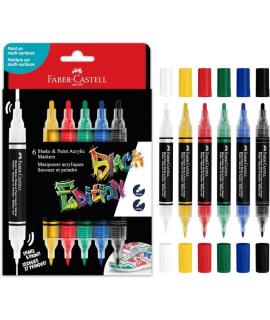 Faber-Castell Shake & Paint Black Edition Pack de 6 Rotuladores Acrilicos Doble Punta - Puntas Redondas de 1mm y 3mm - Tinta Acr
