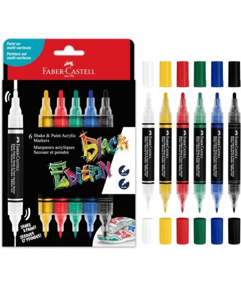 Faber-Castell Shake & Paint Black Edition Pack de 6 Rotuladores Acrilicos Doble Punta - Puntas Redondas de 1mm y 3mm - Tinta Acr