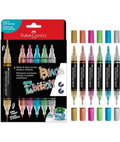 Faber-Castell Shake & Paint Black Edition Pack de 6 Rotuladores Acrilicos Doble Punta - Puntas Redondas de 1mm y 3mm - Tinta Acr