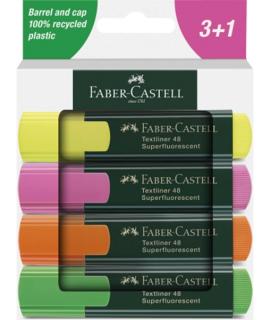 Faber-Castell Textliner 48 Pack de 4 Marcadores Fluorescentes - Punta Biselada - Trazo entre 1.2mm y 5mm - Tinta con Base de Agu