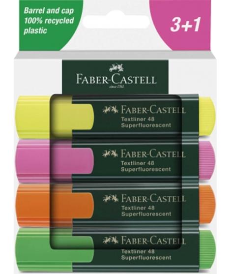 Faber-Castell Textliner 48 Pack de 4 Marcadores Fluorescentes - Punta Biselada - Trazo entre 1.2mm y 5mm - Tinta con Base de Agu