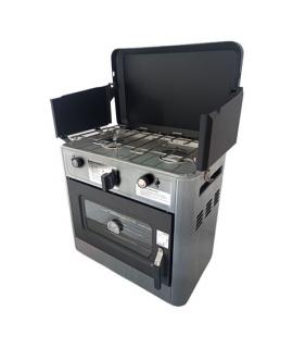 Muvip Cocina de Gas con 2 Fuegos - Tapa Protectora - Horno de 15 Litros - Sistema de Seguridad - Pantalla Paraviento - 49x34x45.