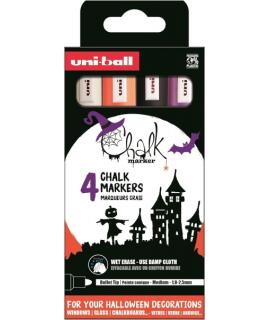 Uni-ball Chalk Colores Halloween Pack de 4 Marcadores de Tiza Liquida - Punta Conica 1.8-2.5mm - Borrado en Humedo - Resistente 