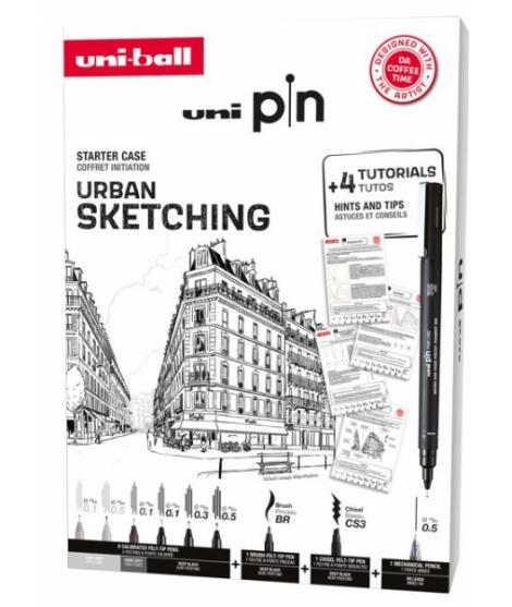 Uni-ball Uni Pin Urban Sketching Pack de 8 Rotuladores Calibrados 0.1, 0.3, 0.5, Brush y CS3 + 1 Portaminas Shalaku S + 4 Tutori