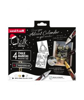 Uni-ball Chalk Colores Escandinavos Pack de 4 Marcadores de Tiza Liquida + Posters - Punta Conica 1.8-2.5mm - Borrado en Humedo 