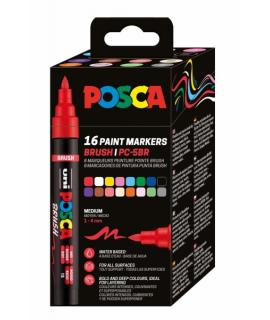 Posca PC-5BR Caja con 16 Marcadores de Pintura - Punta Brush 1-4mm - Tinta Base al Agua - Resistente a la Luz - No Permanente - 