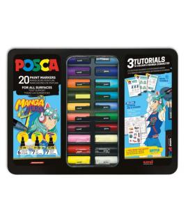Posca Manga Hero Maleta Metalica con 20 Marcadores de Pintura + 3 Tutoriales - Surtido en Color y Trazo - Punta de Poliester - T