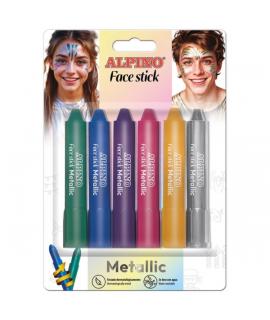 Alpino Fiesta Face Stick Metallic Pack con 6 Barritas de Pintura Facial - Sistema Retractil Giratorio - Se Lava con Agua - Testa