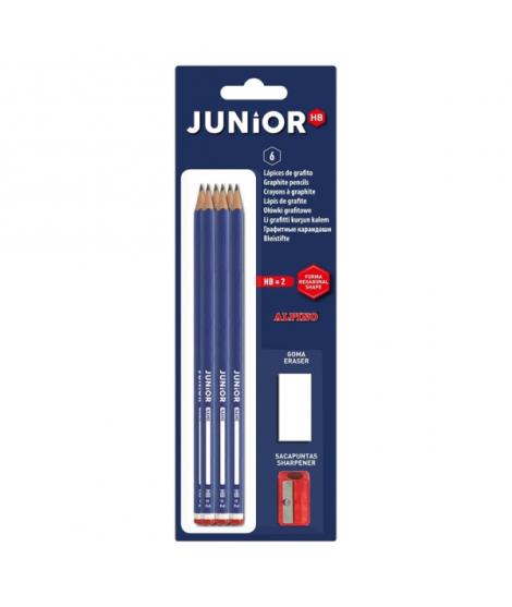 Alpino Junior Blister de 6 Lapices de Grafito HB + Sacapunta + Goma de Borrar - Espacio para el Nombre