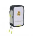 Safta Real Madrid Plumier de 1.3L con 37 Piezas - 3 Compartimentos - Cierre de Cremallera - 12.5x19.5x5.5cm - Color Blanco y Neg