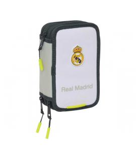 Safta Real Madrid Plumier de 1.3L con 37 Piezas - 3 Compartimentos - Cierre de Cremallera - 12.5x19.5x5.5cm - Color Blanco y Neg