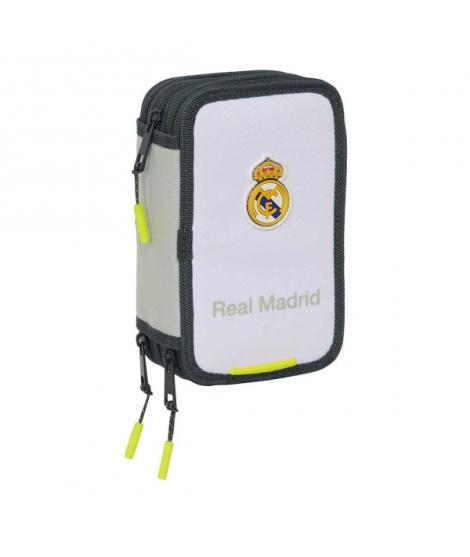 Safta Real Madrid Plumier de 1.3L con 37 Piezas - 3 Compartimentos - Cierre de Cremallera - 12.5x19.5x5.5cm - Color Blanco y Neg