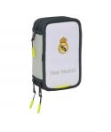 Safta Real Madrid Plumier de 1.3L con 37 Piezas - 3 Compartimentos - Cierre de Cremallera - 12.5x19.5x5.5cm - Color Blanco y Neg