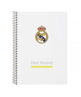 Safta Real Madrid Cuaderno Espiral - Tapas Duras - 80 Hojas A4 con Cuadriculada 4X4mm - Formato Cuarto - 15.5x22x1cm - Color Bla