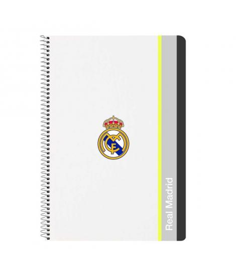Safta Real Madrid Cuaderno Espiral - Tapas Duras - 80 Hojas A4 con Cuadriculada 4X4mm - Formato Folio - 21.5x31x1cm - Color Blan