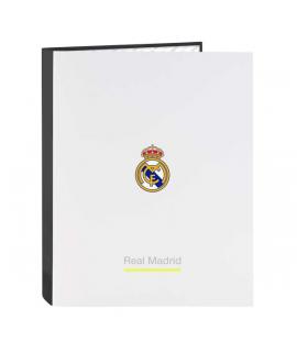 Safta Real Madrid Carpeta de 4 Anillas - Tapas Duras Forradas - Lomo de 40mm - Formato Folio - 26.5x33x4cm - Color Blanco y Negr