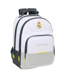 Safta Real Madrid Mochila Escolar de 21.5L - Adaptable a Carro - 3 Compartimentos - Portabotellas - 32x42x16cm - Color Blanco y 