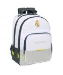 Safta Real Madrid Mochila Escolar de 21.5L - Adaptable a Carro - 3 Compartimentos - Portabotellas - 32x42x16cm - Color Blanco y 