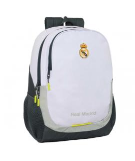 Safta Real Madrid Mochila Escolar de 23L - Adaptable a Carro - 2 Compartimentos - Portabotellas - 32x44x16cm - Color Blanco y Ne