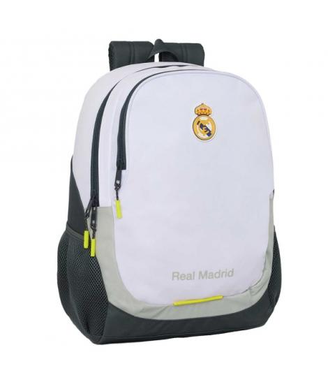 Safta Real Madrid Mochila Escolar de 23L - Adaptable a Carro - 2 Compartimentos - Portabotellas - 32x44x16cm - Color Blanco y Ne