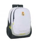 Safta Real Madrid Mochila Escolar de 23L - Adaptable a Carro - 2 Compartimentos - Portabotellas - 32x44x16cm - Color Blanco y Ne