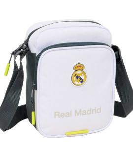 Safta Real Madrid Bandolera de 2L - Ajustable - Bolsillo Trasero con Velcro - Cierre con Cremallera - 16x22x6cm - Color Blanco y