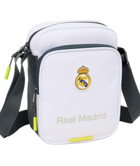 Safta Real Madrid Bandolera de 2L - Ajustable - Bolsillo Trasero con Velcro - Cierre con Cremallera - 16x22x6cm - Color Blanco y
