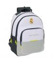 Safta Real Madrid Mochila Escolar de 20L - Adaptable a Carro - 3 Compartimentos - Portabotellas - 32x42x15cm - Color Blanco y Ne