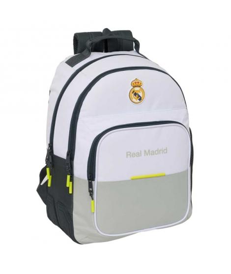 Safta Real Madrid Mochila Escolar de 20L - Adaptable a Carro - 3 Compartimentos - Portabotellas - 32x42x15cm - Color Blanco y Ne