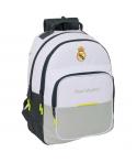 Safta Real Madrid Mochila Escolar de 20L - Adaptable a Carro - 3 Compartimentos - Portabotellas - 32x42x15cm - Color Blanco y Ne
