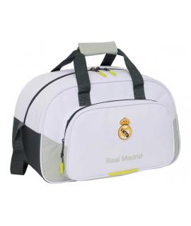 Safta Real Madrid Bolsa Deporte - Bandolera de 22L Ajustable - Tacos en la Base - Fondo Semirigido - 40x24x23cm - Color Blanco y