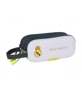 Safta Real Madrid Estuche Portatodo de 1.25L - 3 Compartimentos - Asa de Mano - Cierre de Cremallera - 21x8.5x7cm - Color Blanco