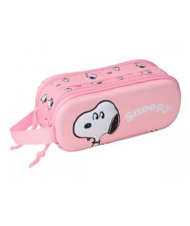 Safta Snoopy Estuche Portatodo 3D de 1L - 2 Compartimentos - Cierre de Cremallera - Asa de Mano - 21x8x6cm - Color Rosa Pastel