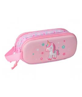 Safta Unicorn Estuche Portatodo 3D de 1L - 2 Compartimentos - Cierre de Cremallera - Asa de Mano - 21x8x6cm - Color Rosa Pastel