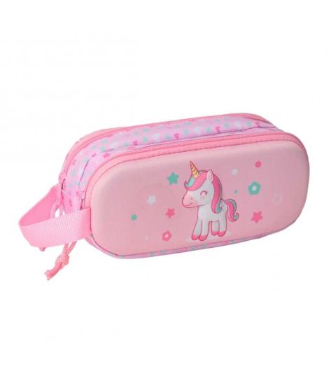 Safta Unicorn Estuche Portatodo 3D de 1L - 2 Compartimentos - Cierre de Cremallera - Asa de Mano - 21x8x6cm - Color Rosa Pastel
