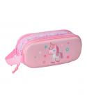Safta Unicorn Estuche Portatodo 3D de 1L - 2 Compartimentos - Cierre de Cremallera - Asa de Mano - 21x8x6cm - Color Rosa Pastel