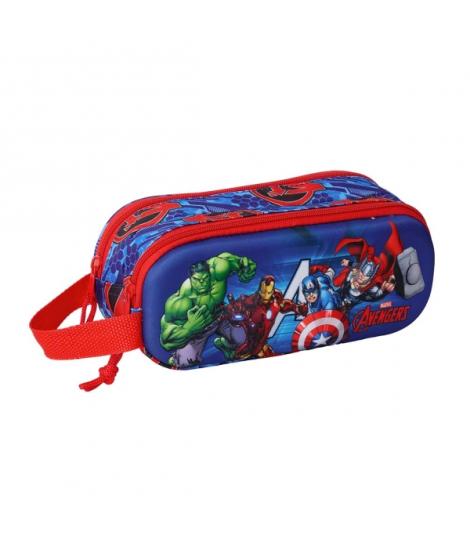 Safta Avengers Estuche Portatodo 3D de 1L - 2 Compartimentos - Cierre de Cremallera - Asa de Mano - 21x8x6cm - Color Rojo y Azul