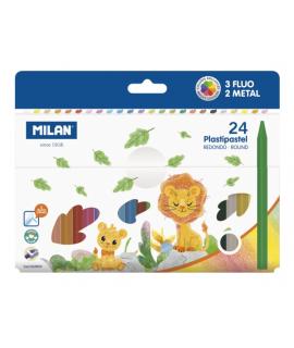 Milan Plastipastel Pack de 24 Ceras de Colores Redondas - Contiene 3 Ceras Fluo y 2 Metal - Colores Surtidos