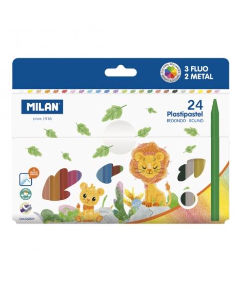 Milan Plastipastel Pack de 24 Ceras de Colores Redondas - Contiene 3 Ceras Fluo y 2 Metal - Colores Surtidos