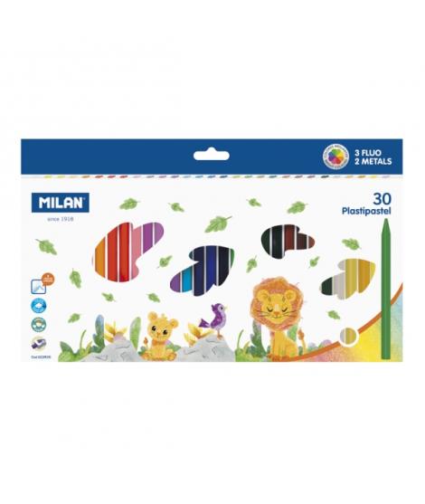 Milan Plastipastel Pack de 30 Ceras de Colores Redondas - Contiene 3 Ceras Fluo y 2 Metal - Colores Surtidos